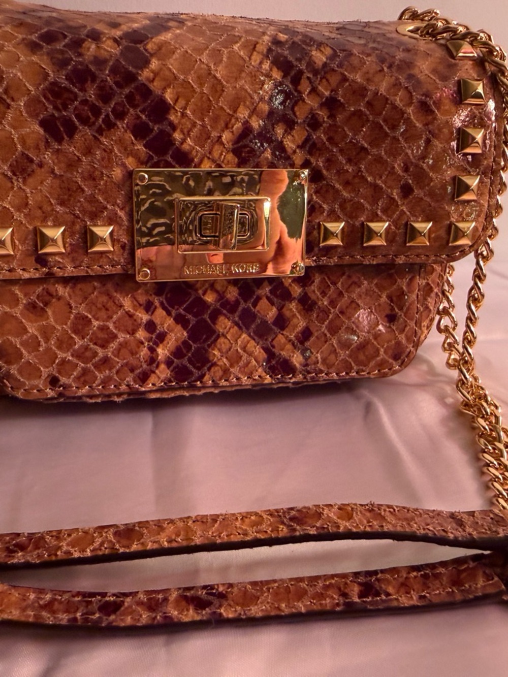 Michael Kors Tan Snake-Print Studded Chain Crossbody Bag. Genuine leather